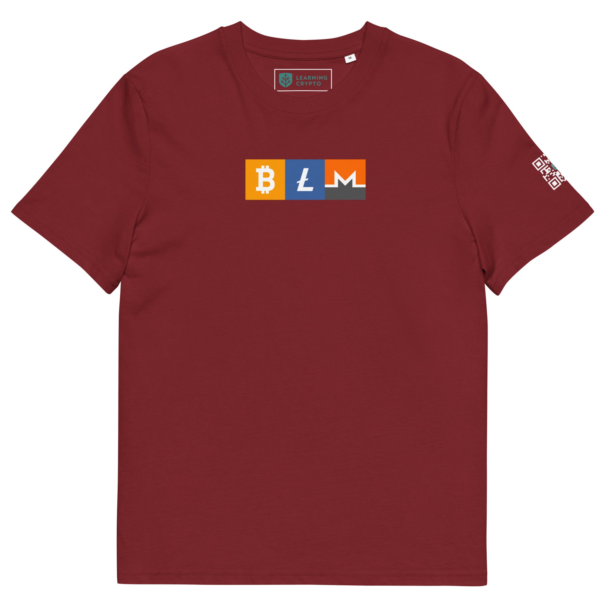 BLM Crypto T-Shirt Featuring Bitcoin, Litecoin &amp; Monero Burgundy