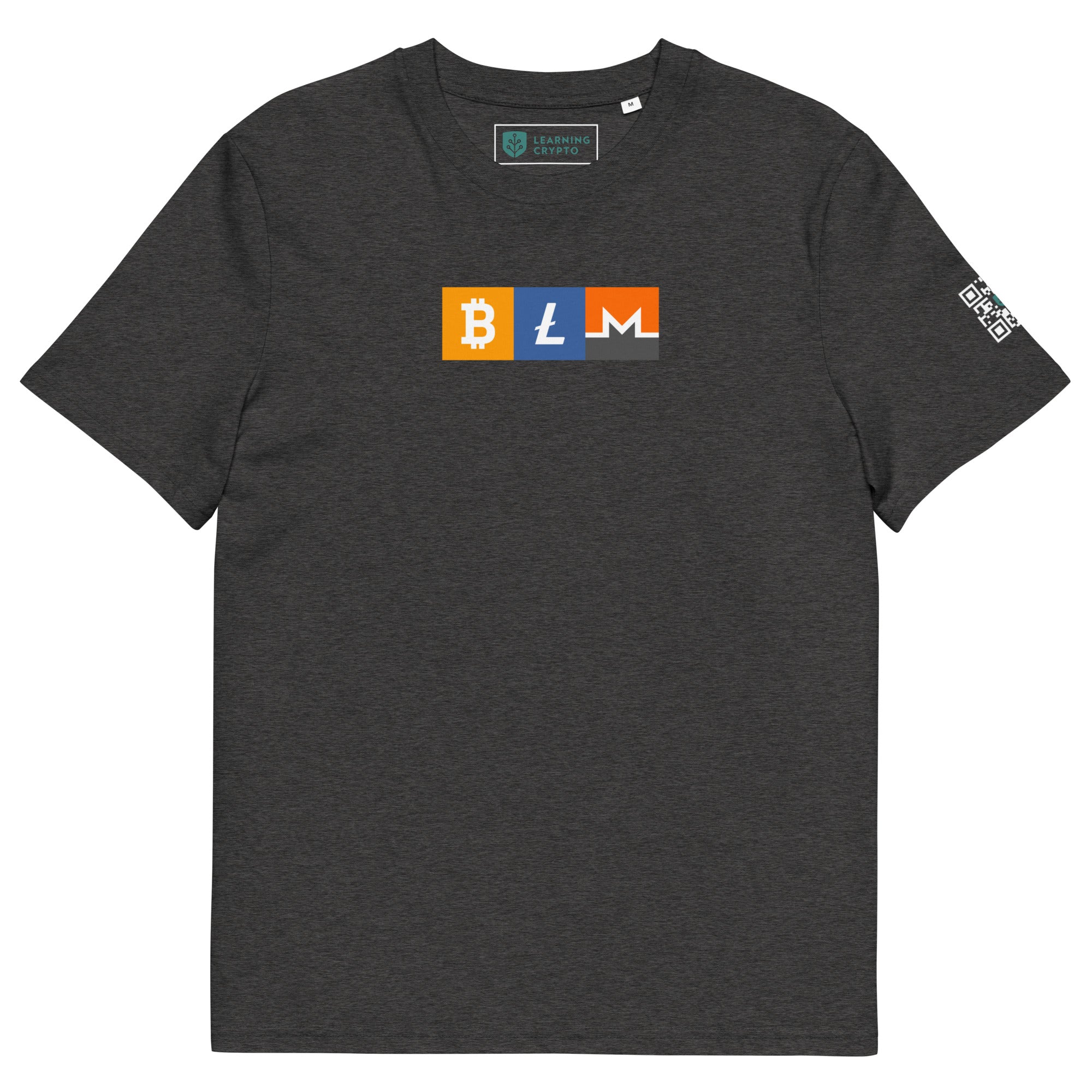 BLM Crypto T-Shirt Featuring Bitcoin, Litecoin &amp; Monero Dark Heather Grey