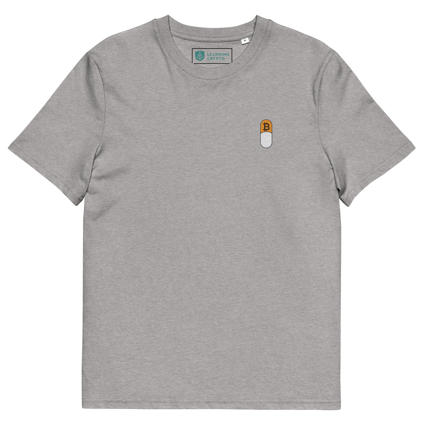 organic bitcoin t shirt with an embroidered orange pill 