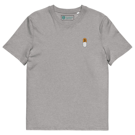 organic bitcoin t shirt with an embroidered orange pill 